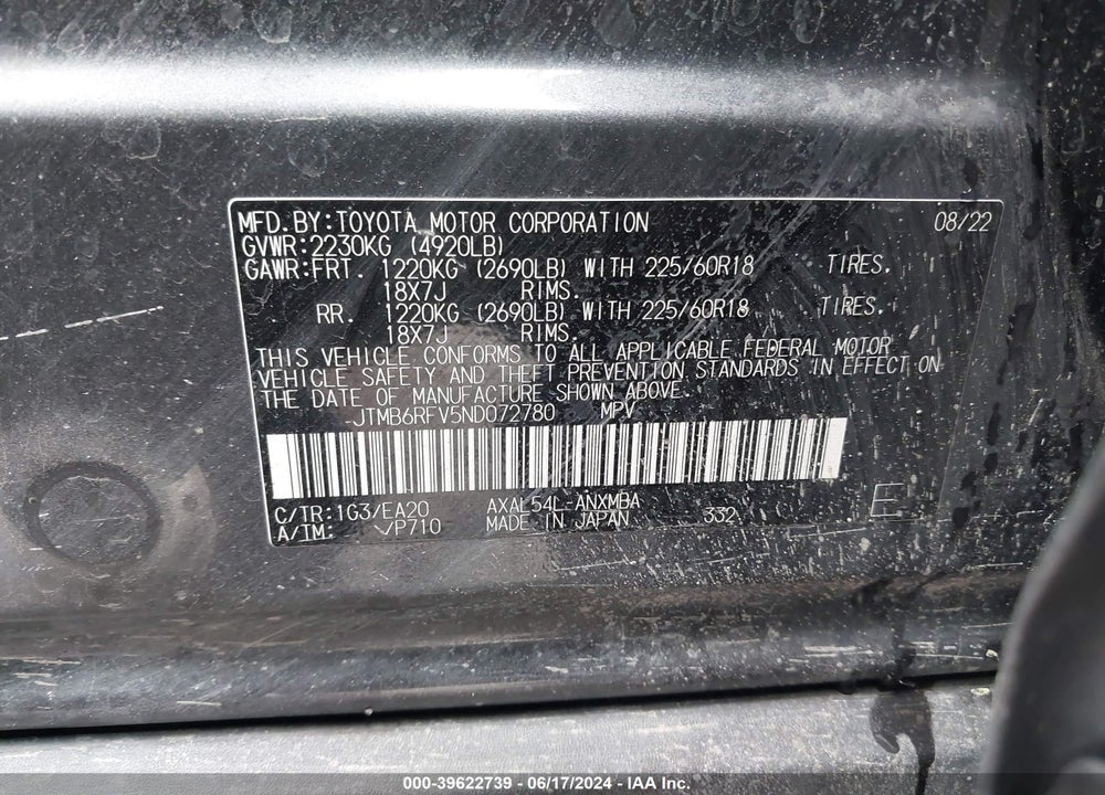 2022 TOYOTA RAV4 HYBRID XLE PREMIUM VIN: JTMB6RFV5ND072780