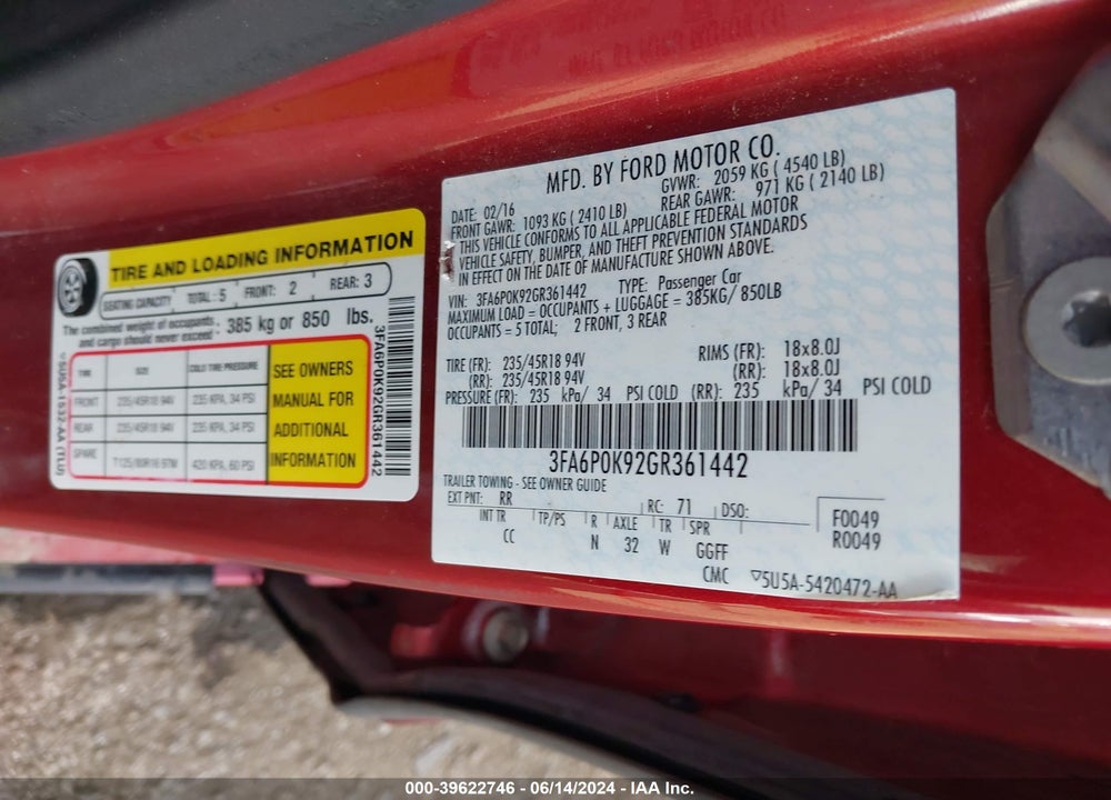 2016 FORD FUSION TITANIUM VIN: 3FA6P0K92GR361442