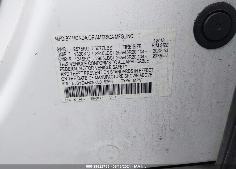 2019 ACURA MDX TECH & A-SPEC PKGS VIN: 5J8YD4H09KL016266