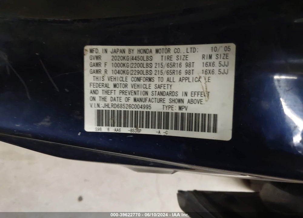 2006 HONDA CR-V LX VIN: JHLRD68526C004995
