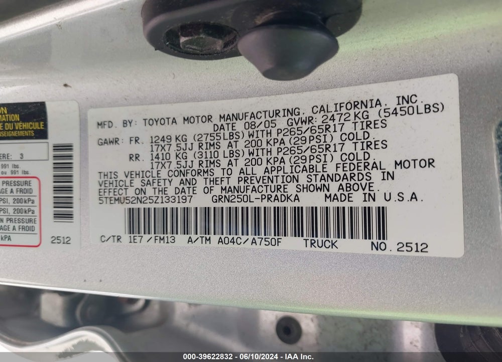2005 TOYOTA TACOMA BASE V6 VIN: 5TEMU52N25Z133197