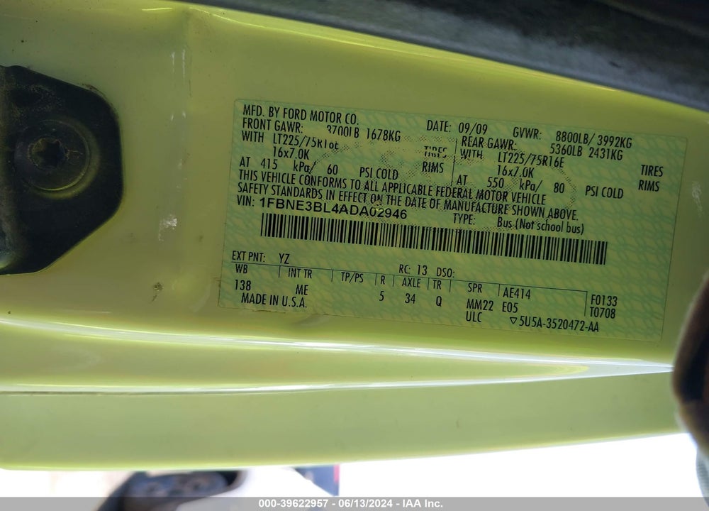 2010 FORD E-350 SUPER DUTY XL/XLT VIN: 1FBNE3BL4ADA02946