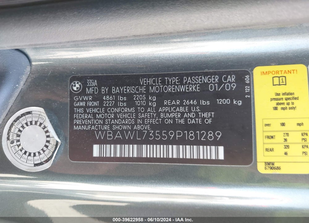 2009 BMW 335I VIN: WBAWL73559P181289