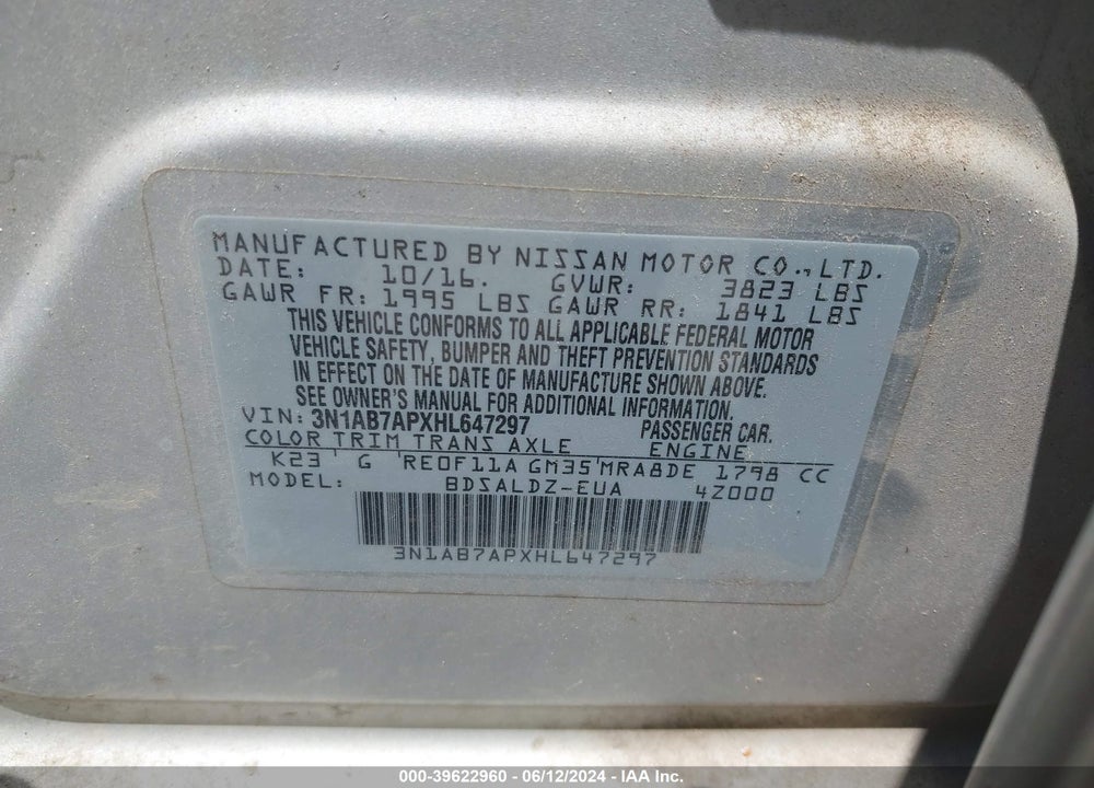 2017 NISSAN SENTRA SV VIN: 3N1AB7APXHL647297