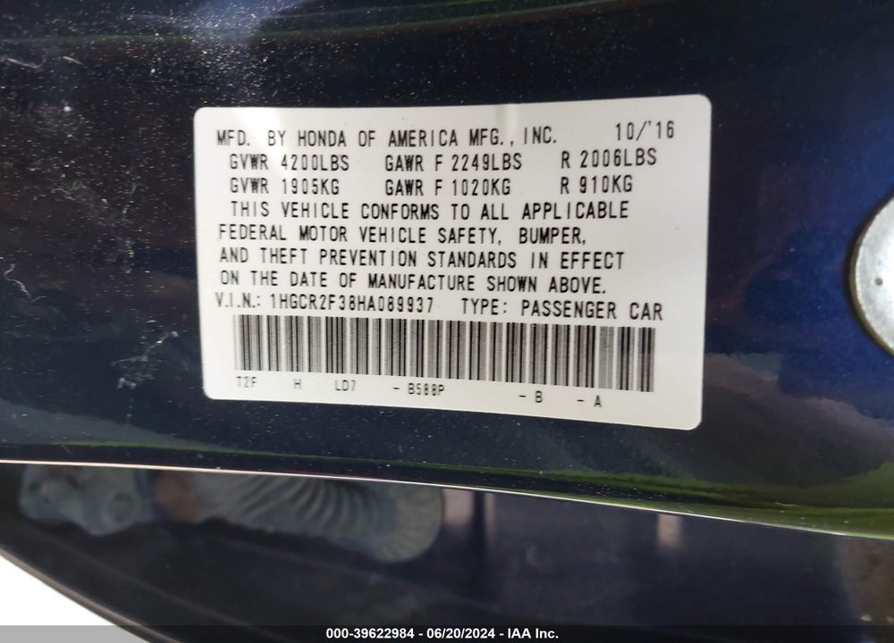 2017 HONDA ACCORD LX VIN: 1HGCR2F38HA089937