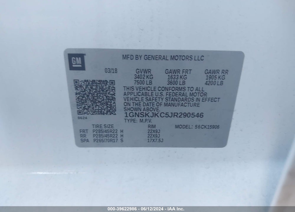 2018 CHEVROLET SUBURBAN PREMIER VIN: 1GNSKJKC5JR290546