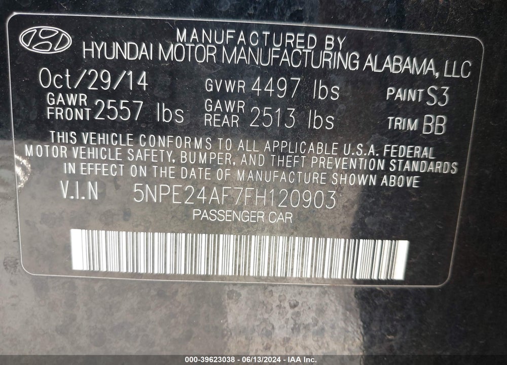 2015 HYUNDAI SONATA SE VIN: 5NPE24AF7FH120903