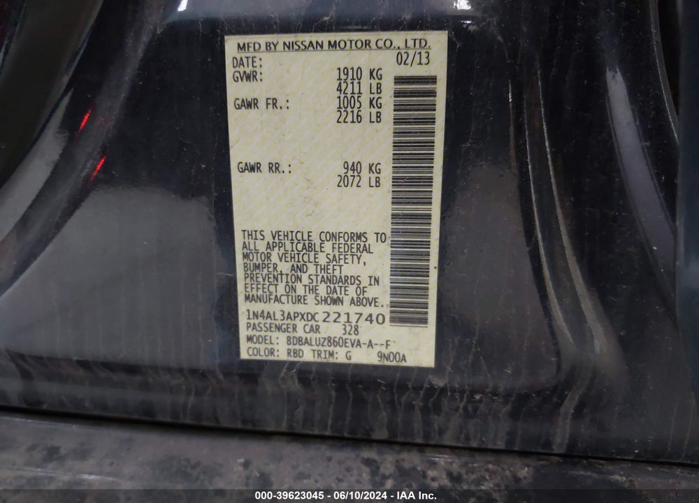2013 NISSAN ALTIMA 2.5 SV VIN: 1N4AL3APXDC221740
