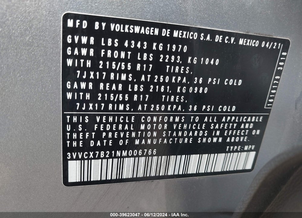 2022 VOLKSWAGEN TAOS 1.5T S VIN: 3VVCX7B21NM006766