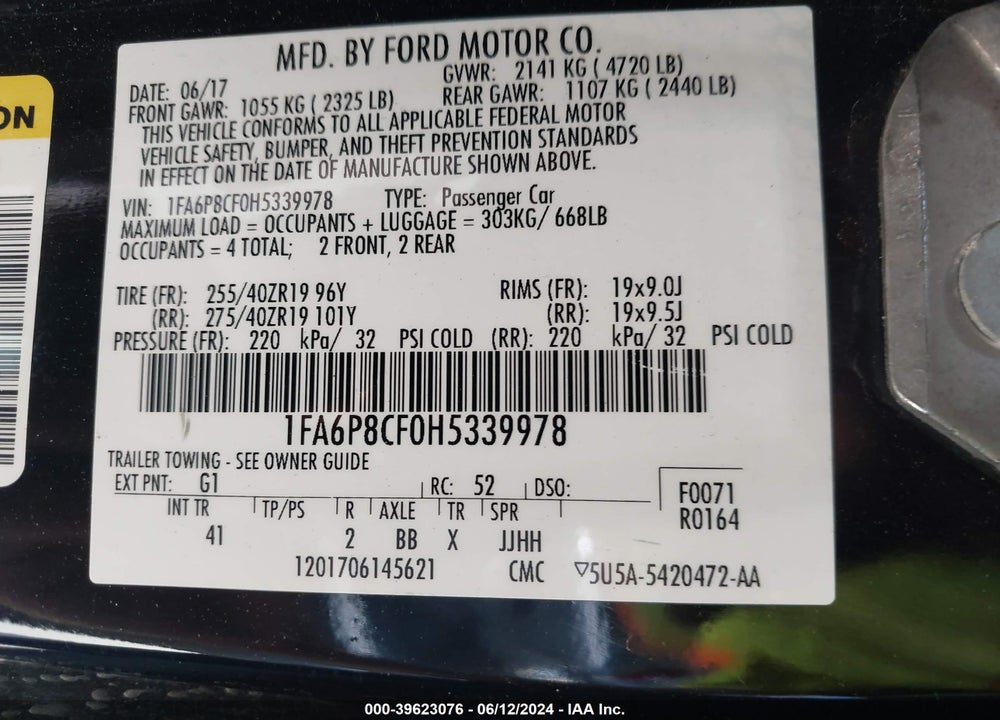 2017 FORD MUSTANG GT PREMIUM VIN: 1FA6P8CF0H5339978