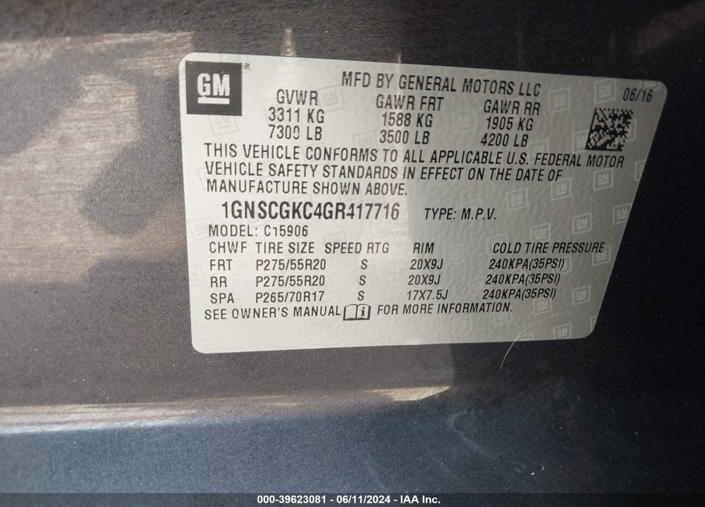 2016 CHEVROLET SUBURBAN VIN: 1GNSCGKC4GR417716