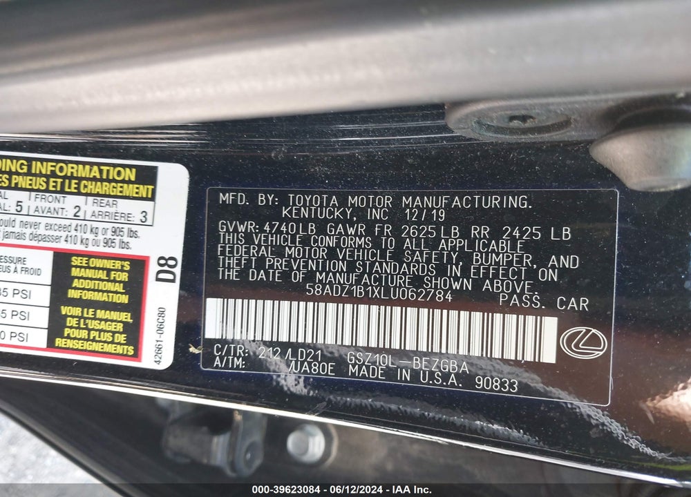 2020 LEXUS ES 350 VIN: 58ADZ1B1XLU062784