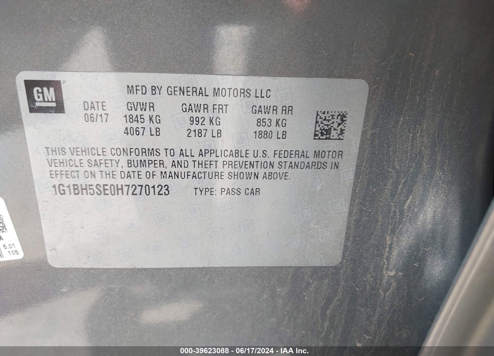 2017 CHEVROLET CRUZE LT AUTO VIN: 1G1BH5SE0H7270123