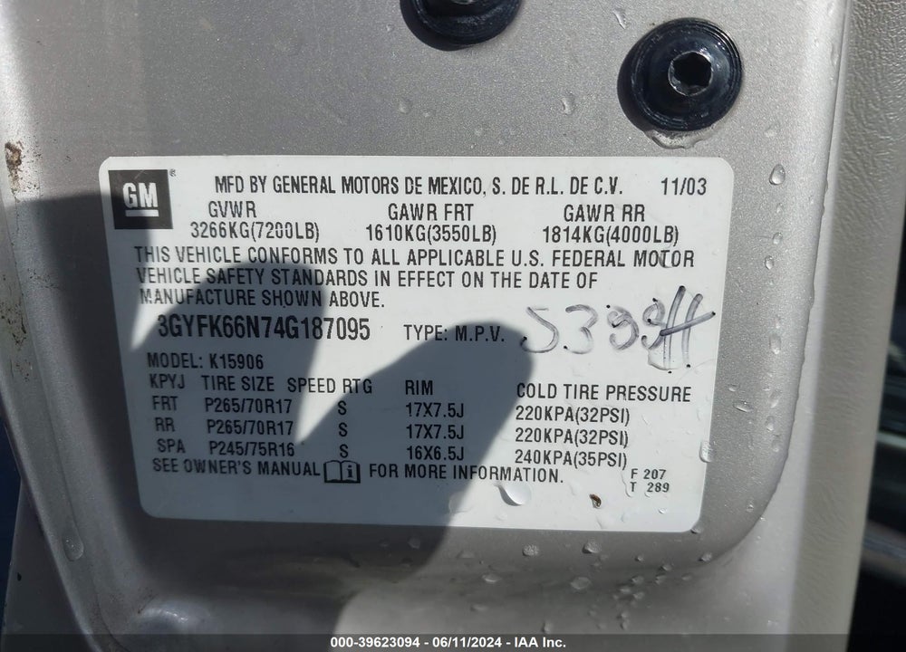 2004 CADILLAC ESCALADE ESV STANDARD VIN: 3GYFK66N74G187095