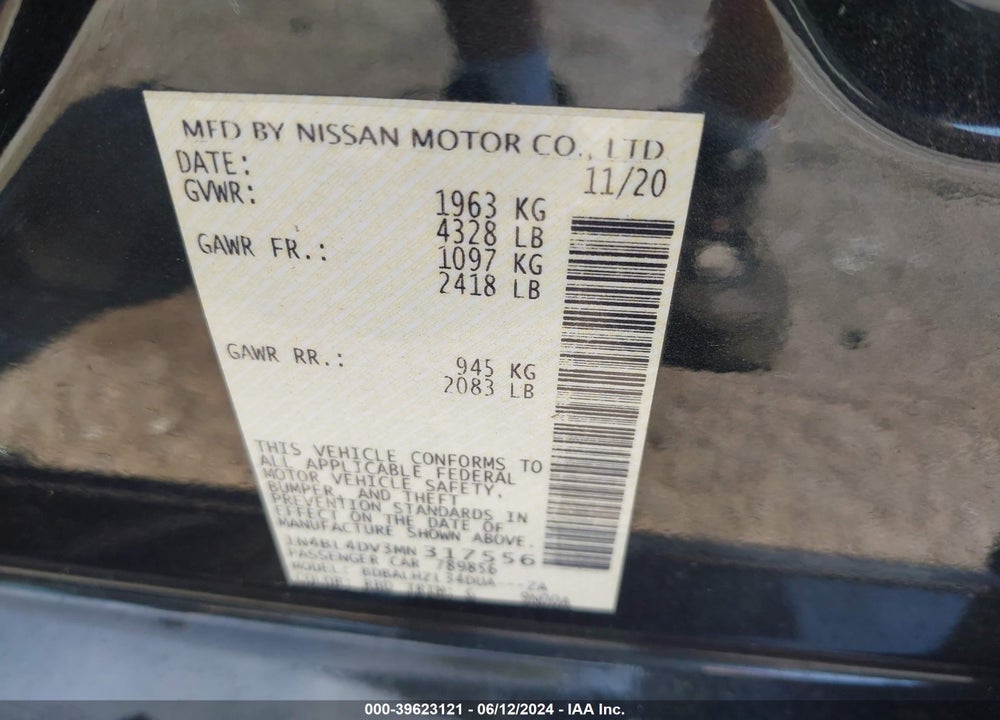 2021 NISSAN ALTIMA SV FWD VIN: 1N4BL4DV3MN317556