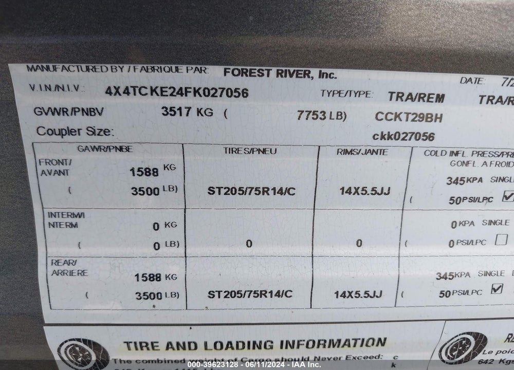 2015 FOREST RIVER PATRIOT EDITION 29BH VIN: 4X4TCKE24FK027056