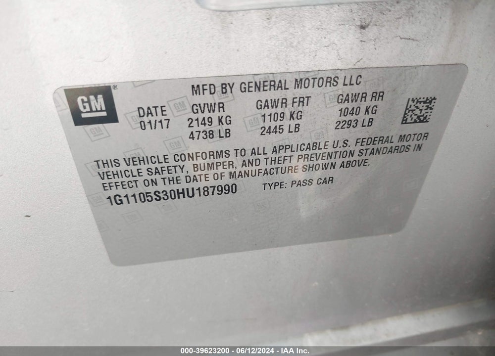 2017 CHEVROLET IMPALA 1LT VIN: 1G1105S30HU187990