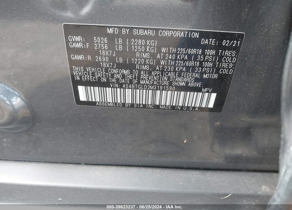 2021 SUBARU OUTBACK ONYX EDITION XT VIN: 4S4BTGLD2M3191590
