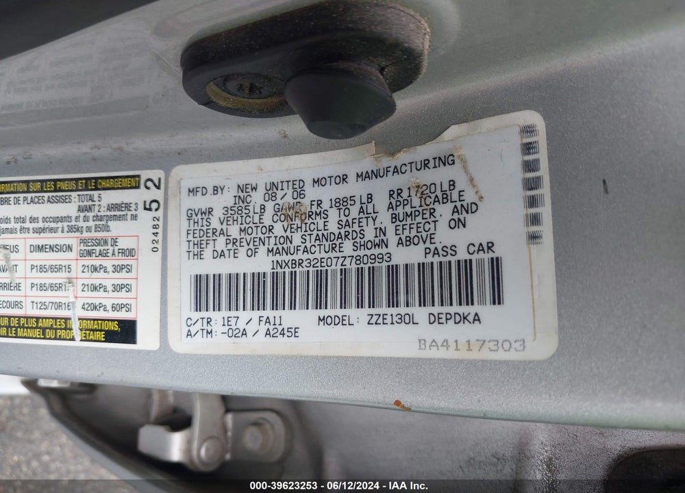 2007 TOYOTA COROLLA CE VIN: 1NXBR32E07Z780993