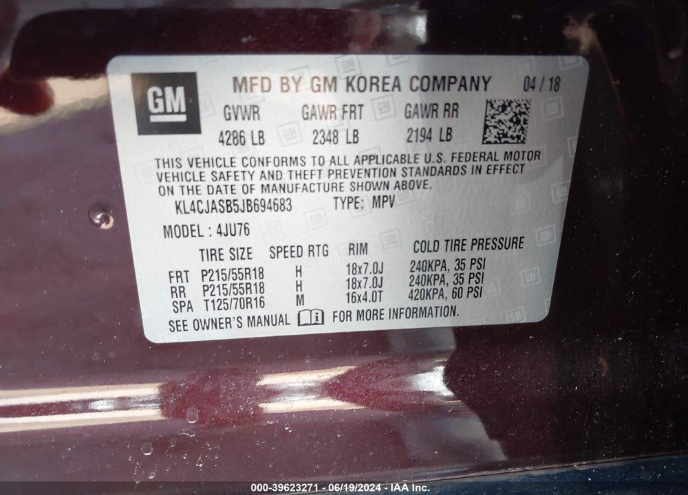 2018 BUICK ENCORE PREFERRED VIN: KL4CJASB5JB694683