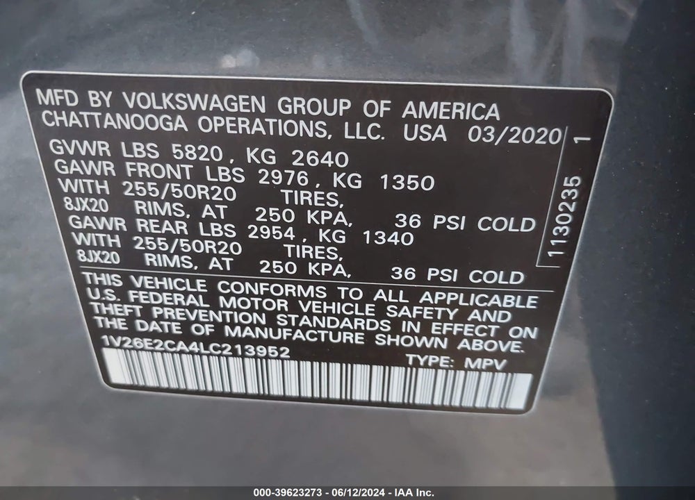 2020 VOLKSWAGEN ATLAS CROSS SPORT 3.6L V6 SE W/TECHNOLOGY/3.6L V6 SE W/TECHNOLOGY R-LINE VIN: 1V26E2CA4LC213952