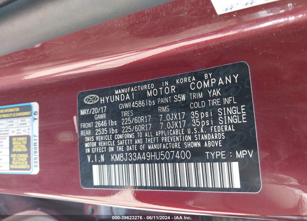 2017 HYUNDAI TUCSON SE VIN: KM8J33A49HU507400
