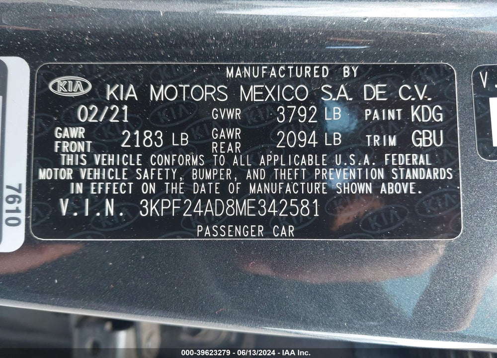 2021 KIA FORTE LXS VIN: 3KPF24AD8ME342581