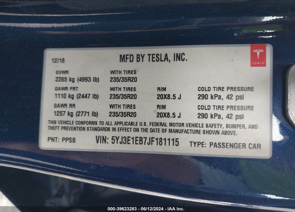 2018 TESLA MODEL 3 LONG RANGE/PERFORMANCE VIN: 5YJ3E1EB7JF181115