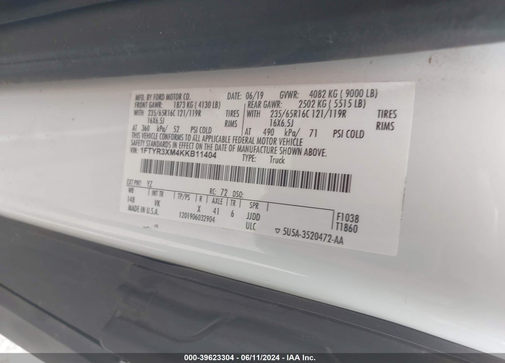 2019 FORD TRANSIT-250 VIN: 1FTYR3XM4KKB11404
