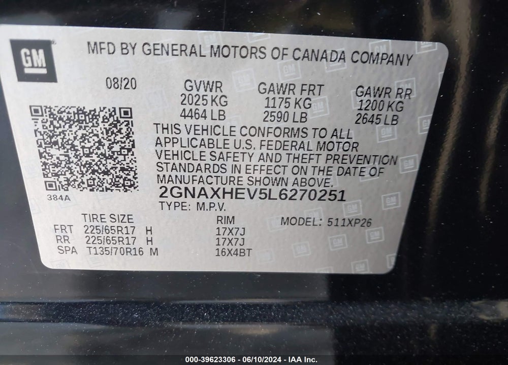2020 CHEVROLET EQUINOX FWD LS VIN: 2GNAXHEV5L6270251