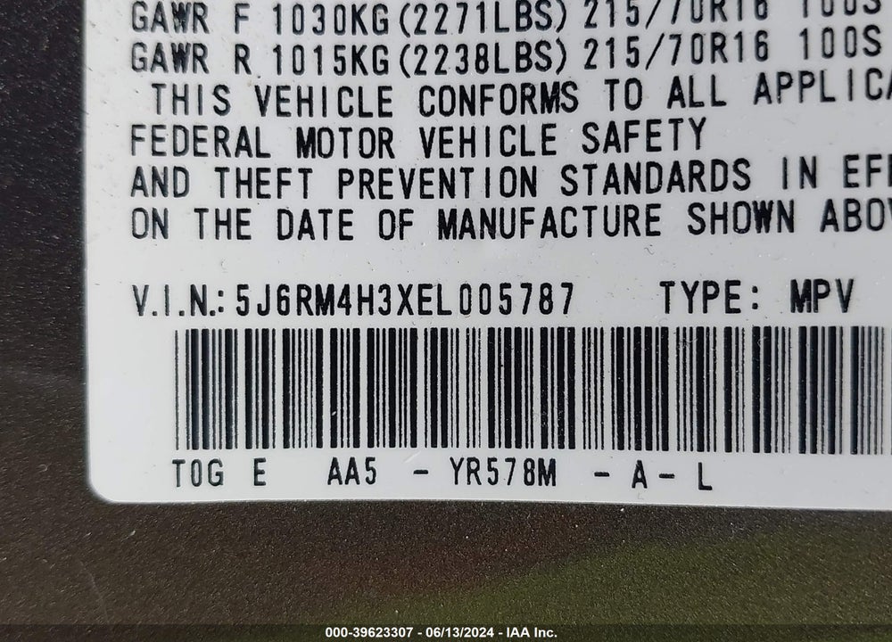2014 HONDA CR-V LX VIN: 5J6RM4H3XEL005787
