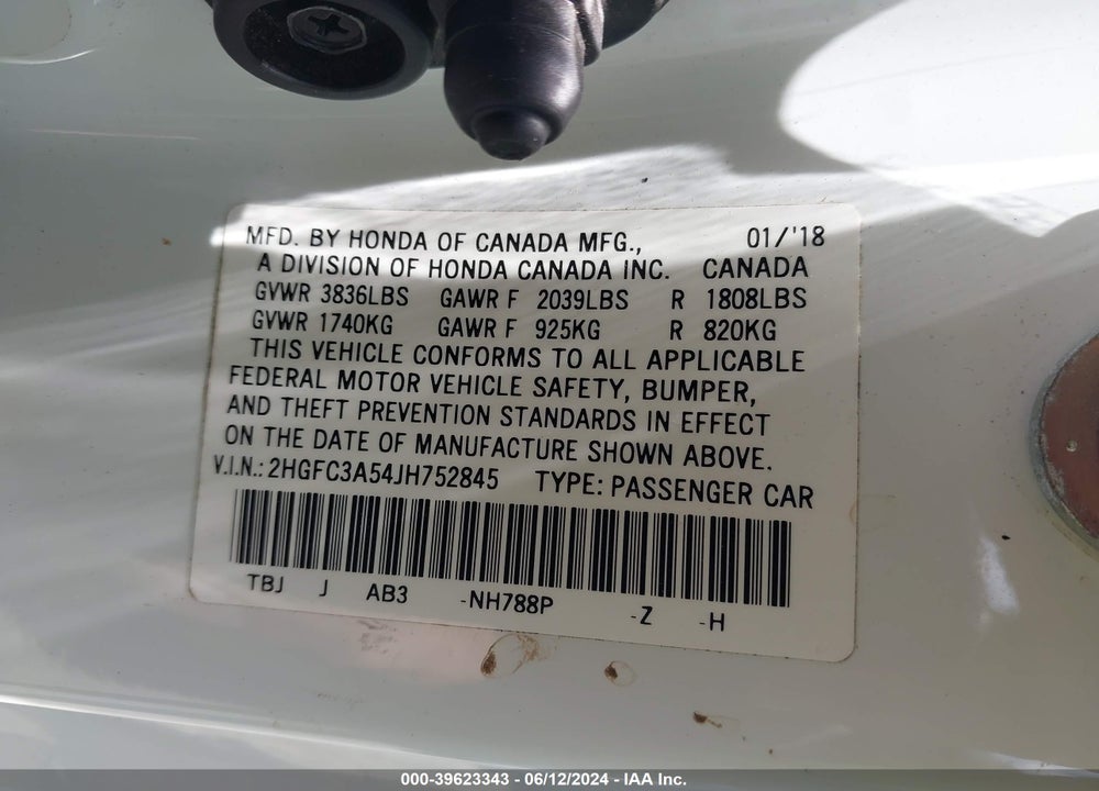 2018 HONDA CIVIC SI VIN: 2HGFC3A54JH752845