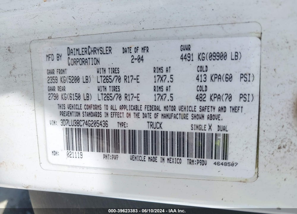 2004 DODGE RAM 3500 ST VIN: 3D7LU38C74G205436