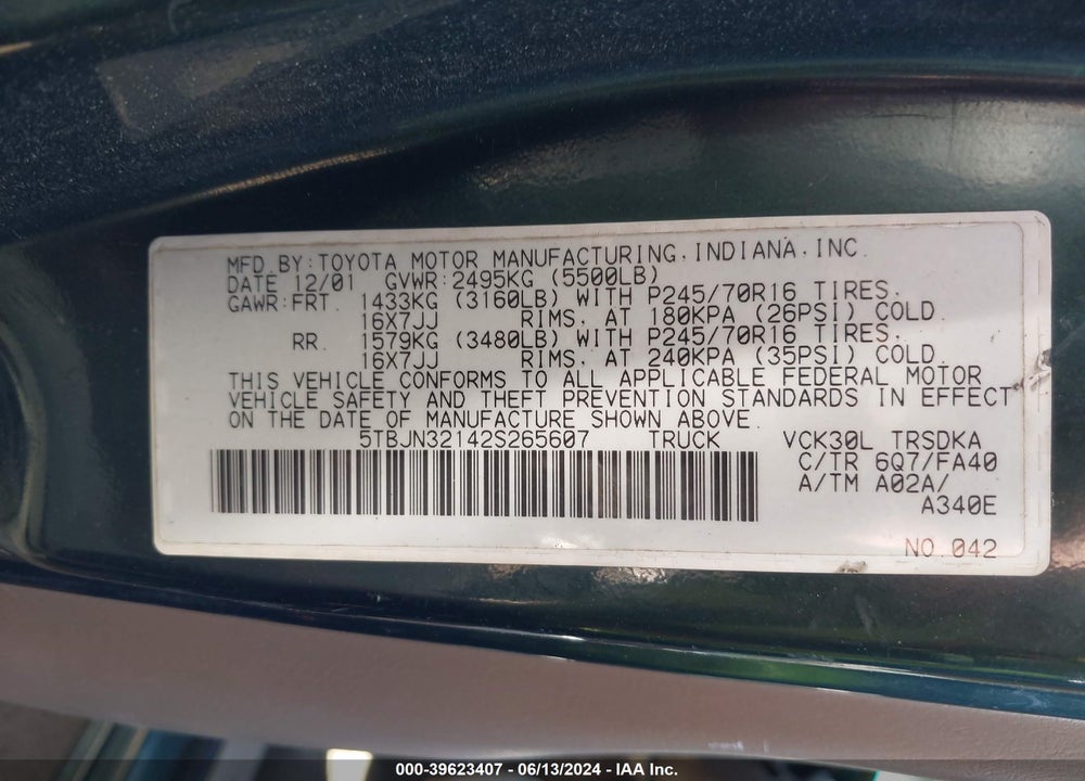 2002 TOYOTA TUNDRA VIN: 5TBJN32142S265607