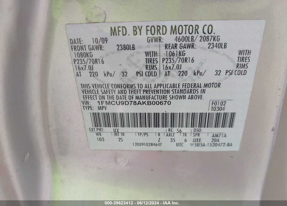 2010 FORD ESCAPE XLT VIN: 1FMCU9D78AKB00670