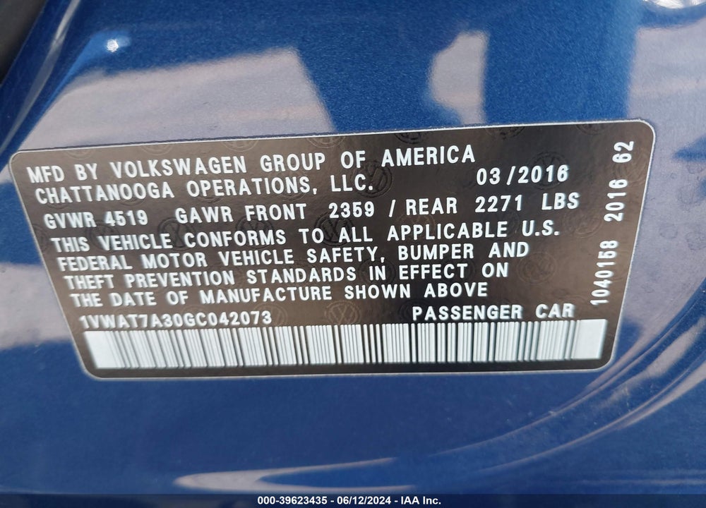 2016 VOLKSWAGEN PASSAT 1.8T S VIN: 1VWAT7A30GC042073