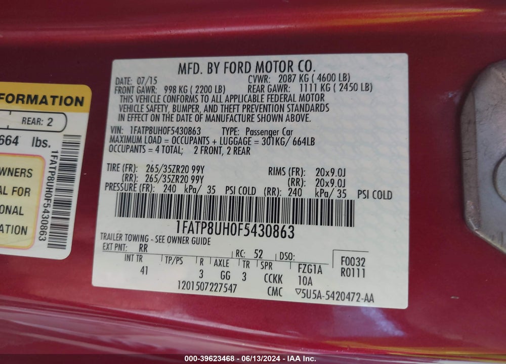 2015 FORD MUSTANG ECOBOOST PREMIUM VIN: 1FATP8UH0F5430863