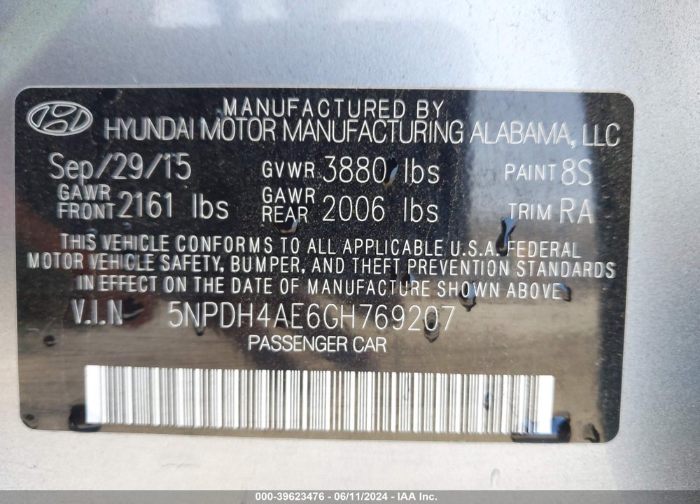 2016 HYUNDAI ELANTRA SE VIN: 5NPDH4AE6GH769207