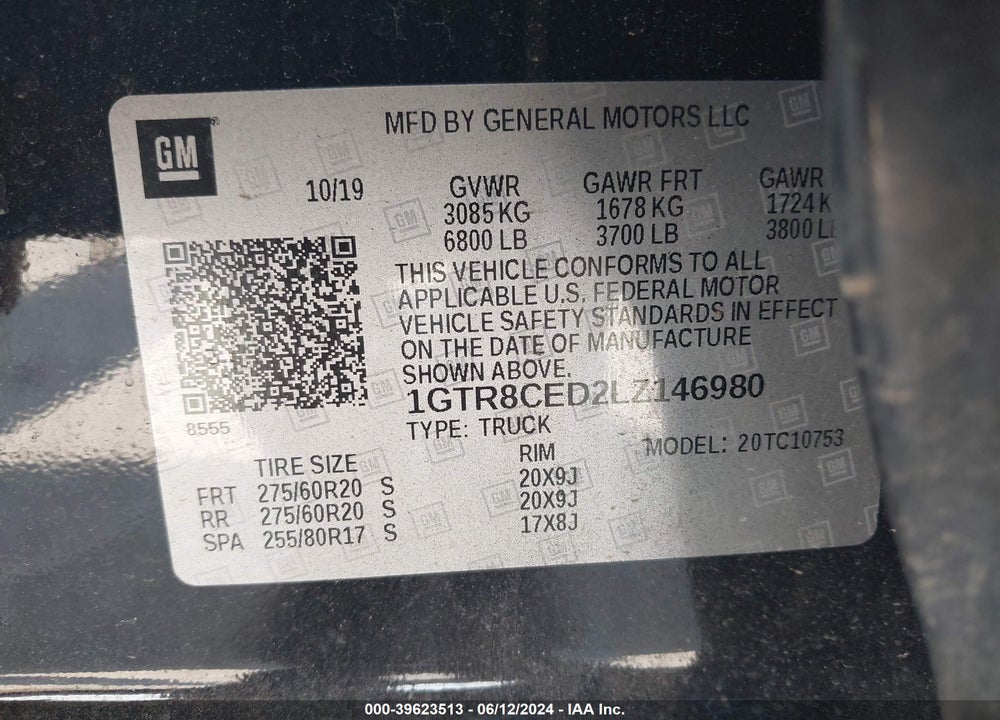 2020 GMC SIERRA 1500 2WD DOUBLE CAB STANDARD BOX ELEVATION VIN: 1GTR8CED2LZ146980