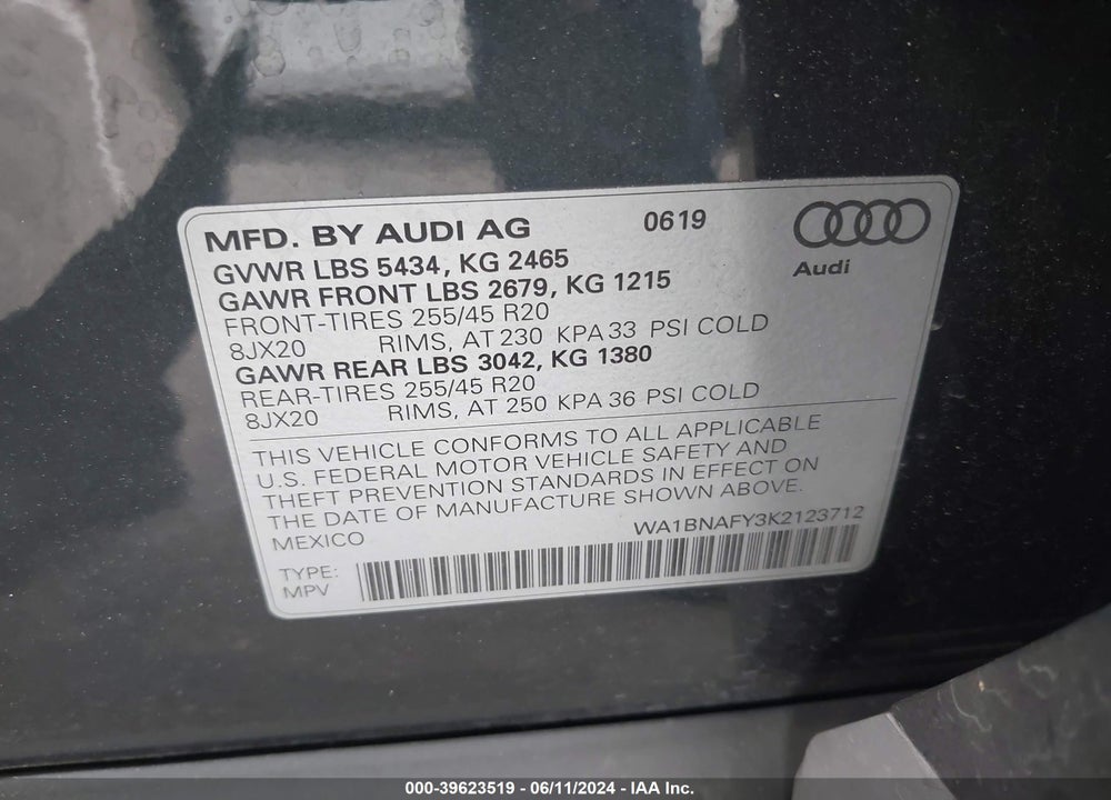 2019 AUDI Q5 45 PREMIUM VIN: WA1BNAFY3K2123712
