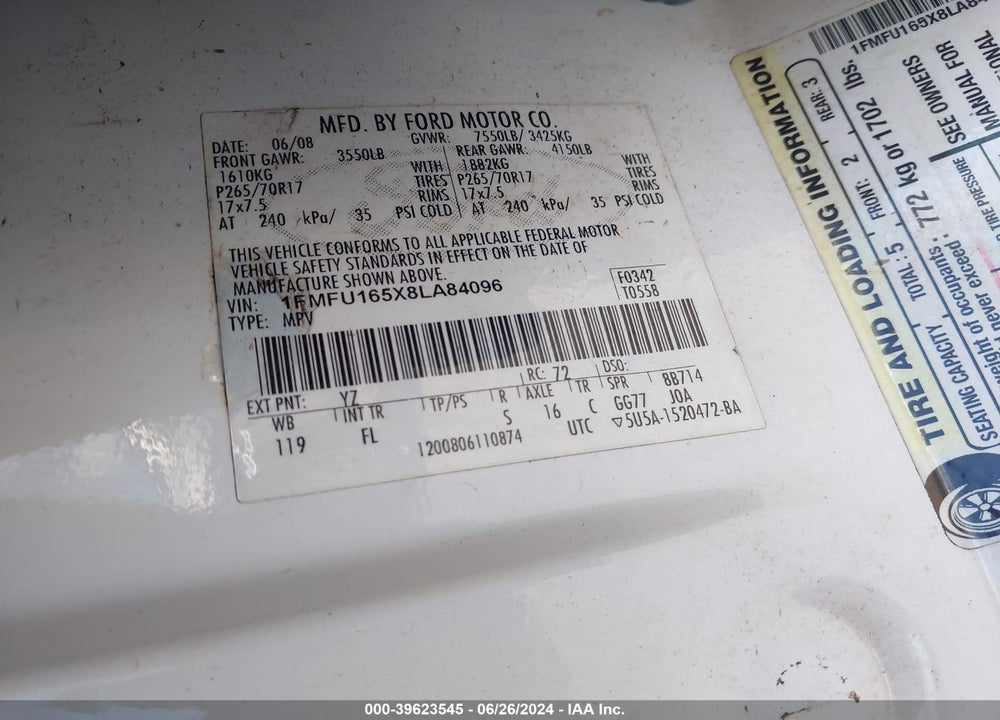 2008 FORD EXPEDITION XLT VIN: 1FMFU165X8LA84096