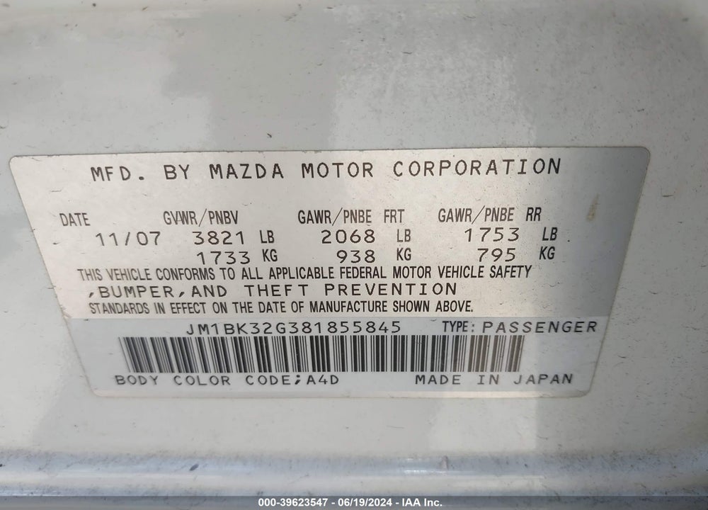 2008 MAZDA 3 I SPORT VIN: JM1BK32G381855845