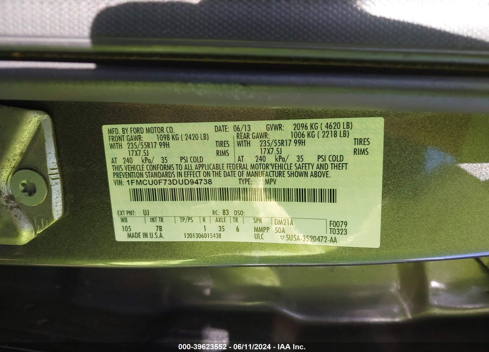 2013 FORD ESCAPE S VIN: 1FMCU0F73DUD94738