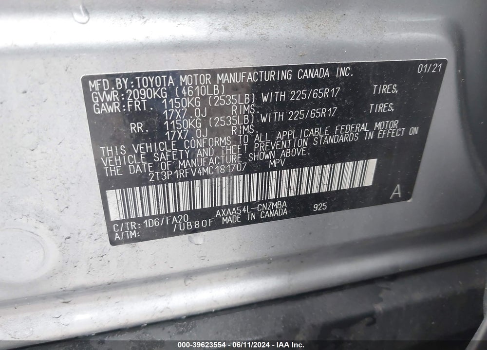 2021 TOYOTA RAV4 XLE VIN: 2T3P1RFV4MC181707