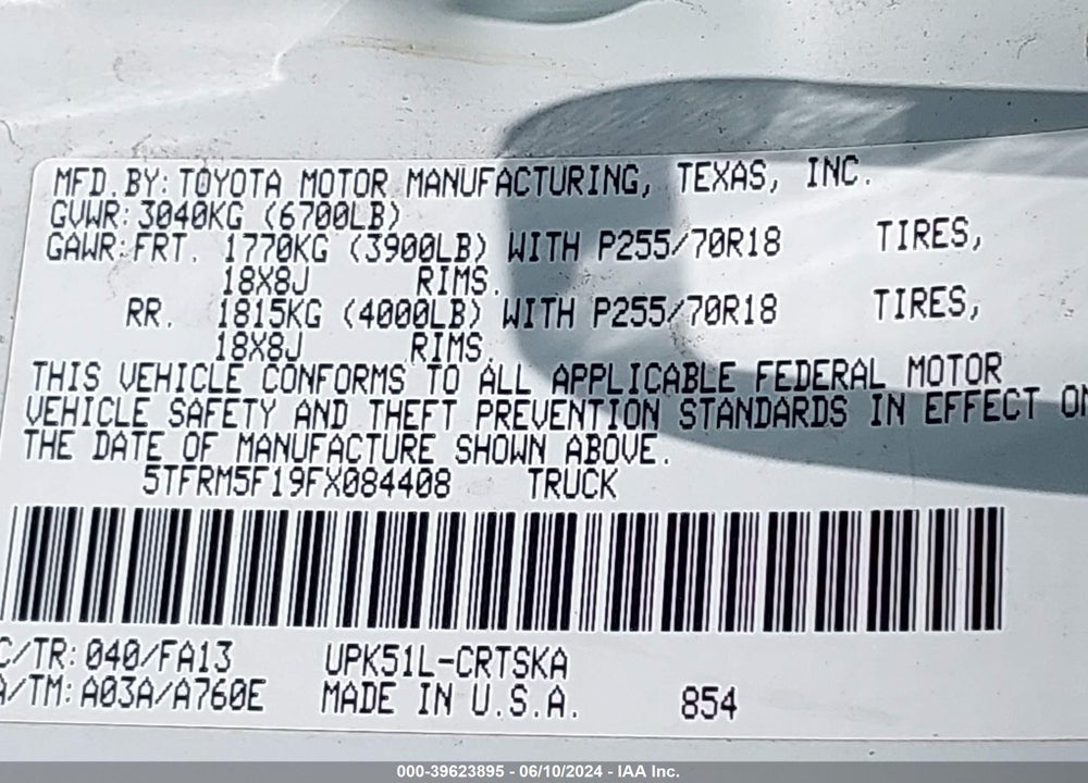 2015 TOYOTA TUNDRA SR 4.6L V8 VIN: 5TFRM5F19FX084408