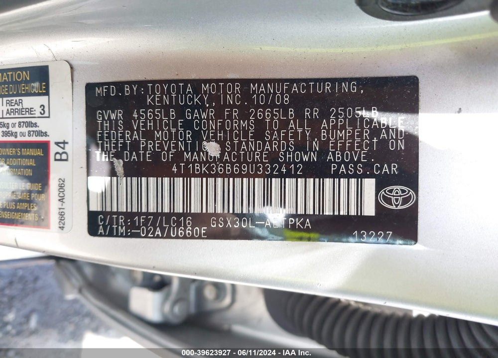 2009 TOYOTA AVALON LIMITED VIN: 4T1BK36B69U332412