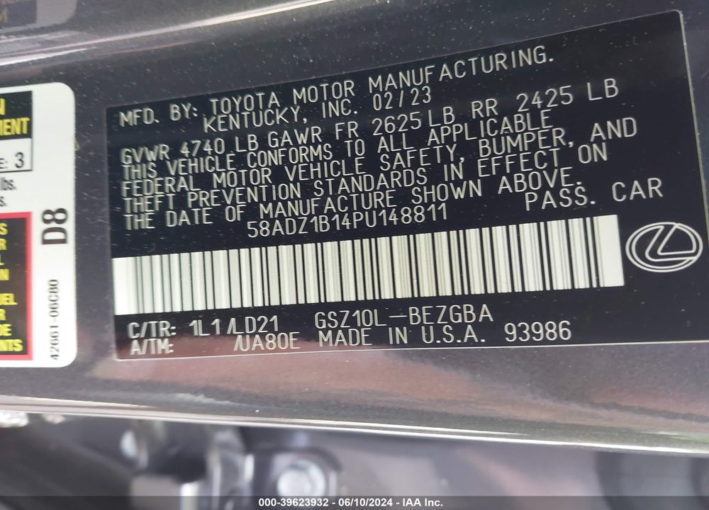2023 LEXUS ES 350 VIN: 58ADZ1B14PU148811
