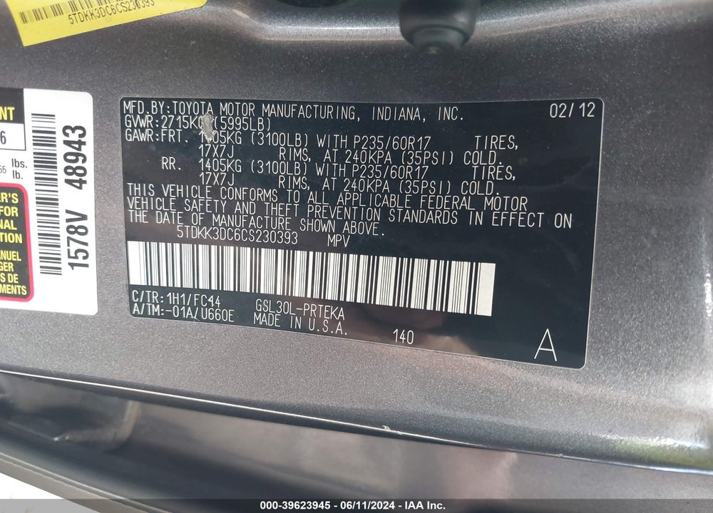 2012 TOYOTA SIENNA LE V6 8 PASSENGER VIN: 5TDKK3DC6CS230393