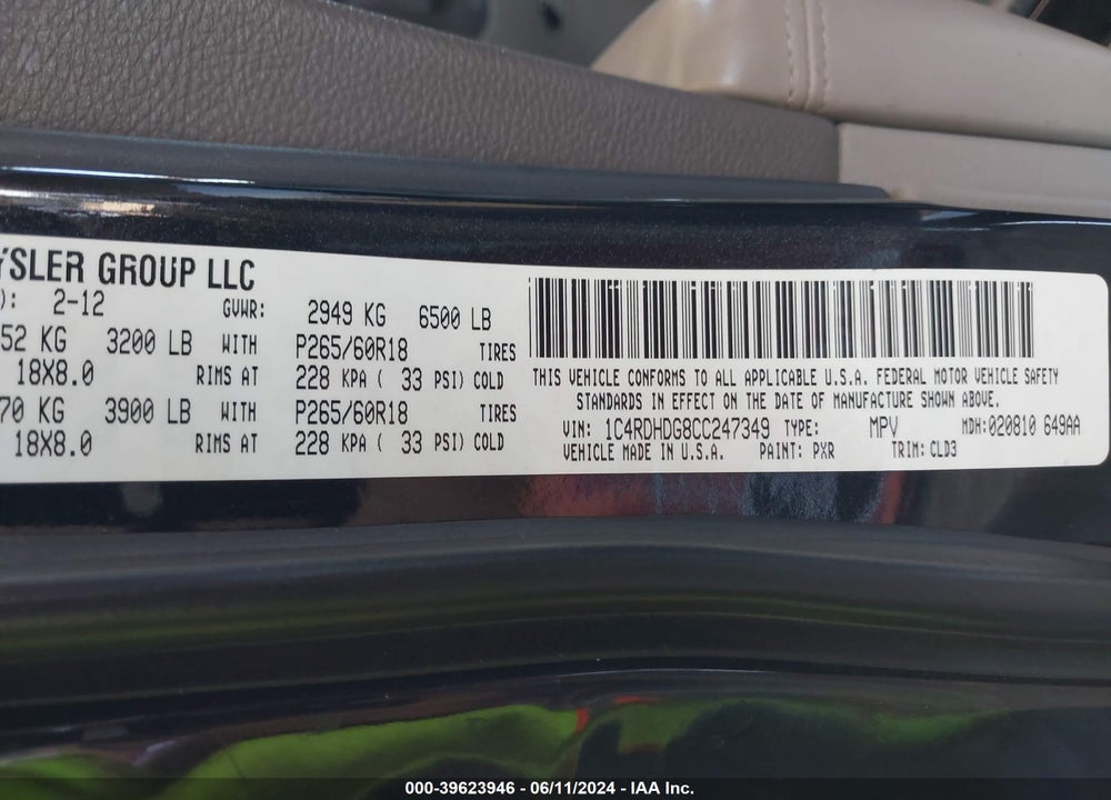 2012 DODGE DURANGO CREW VIN: 1C4RDHDG8CC247349