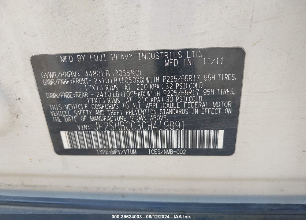2012 SUBARU FORESTER 2.5X PREMIUM VIN: JF2SHBCC3CH419891